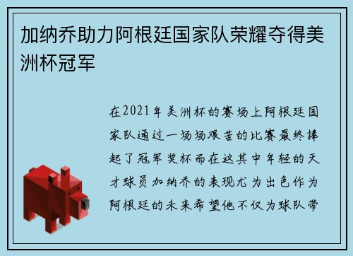 加纳乔助力阿根廷国家队荣耀夺得美洲杯冠军