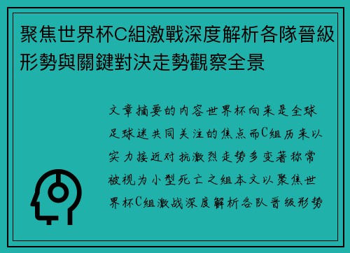 聚焦世界杯C組激戰深度解析各隊晉級形勢與關鍵對決走勢觀察全景 聚焦世界杯C組激戰深度解析各隊晉級形勢與關鍵對決走勢觀察全景