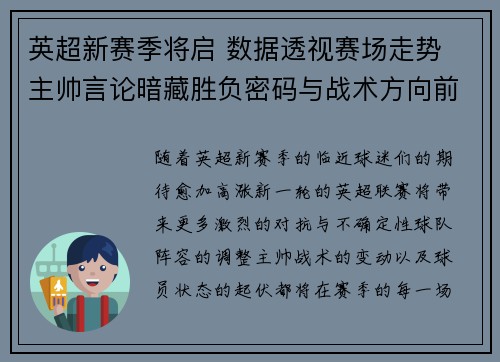 英超新赛季将启 数据透视赛场走势 主帅言论暗藏胜负密码与战术方向前瞻